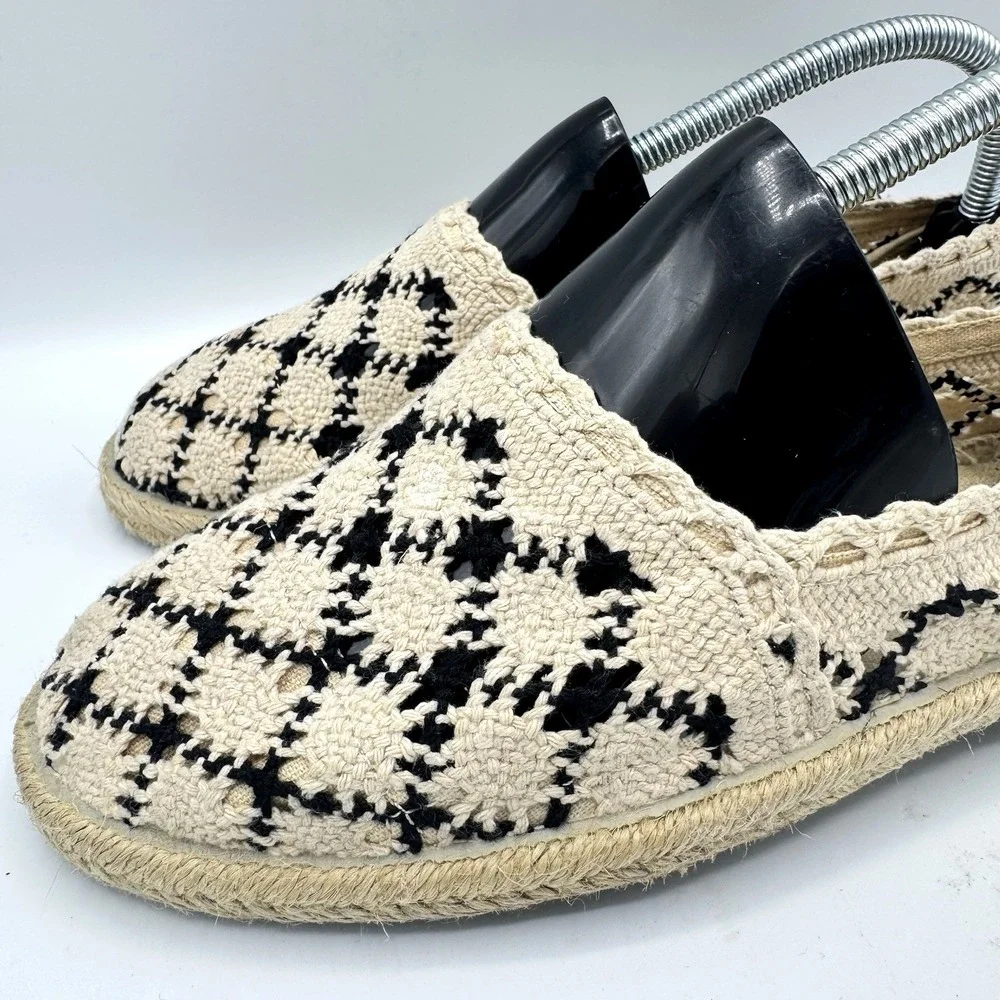 Rocket Dog Crochet Espadrille Flats Womens 7.5 Cream Black Slip On Boho Shoes